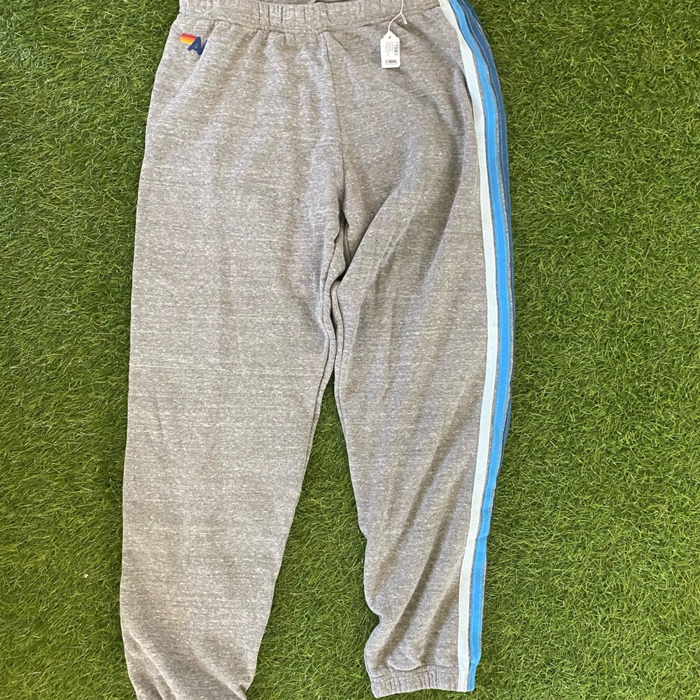 WOMEN'S 5 STRIPE SWEATPANTS - HEATHER GREY // BLUE -NWT & AV Tote Bag